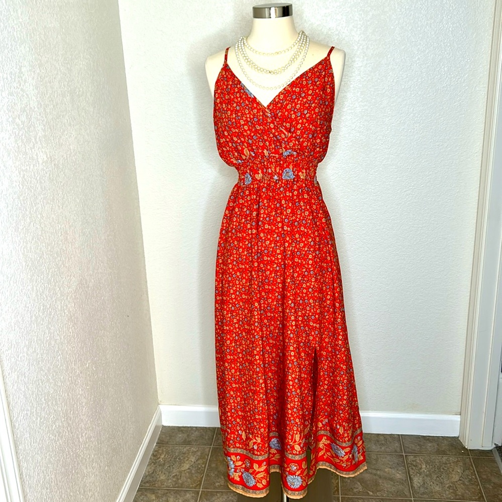 SHEIN Woman’s Medium red w/ floral design maxi dress adjustable straps with slit